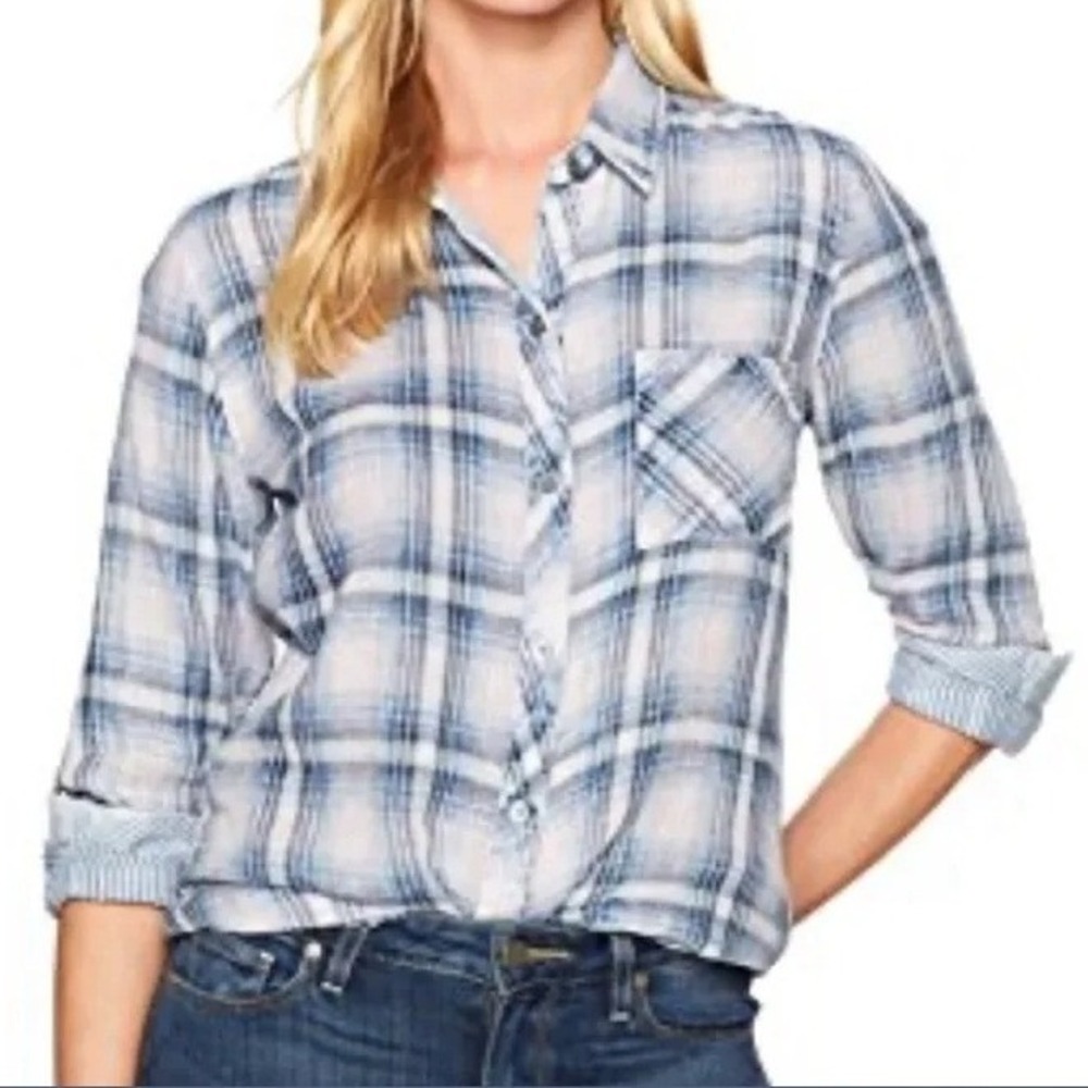Rails $158 XS Hunter Plaid Button Down Shirt Rose Indigo Cloudwash Pink Blue